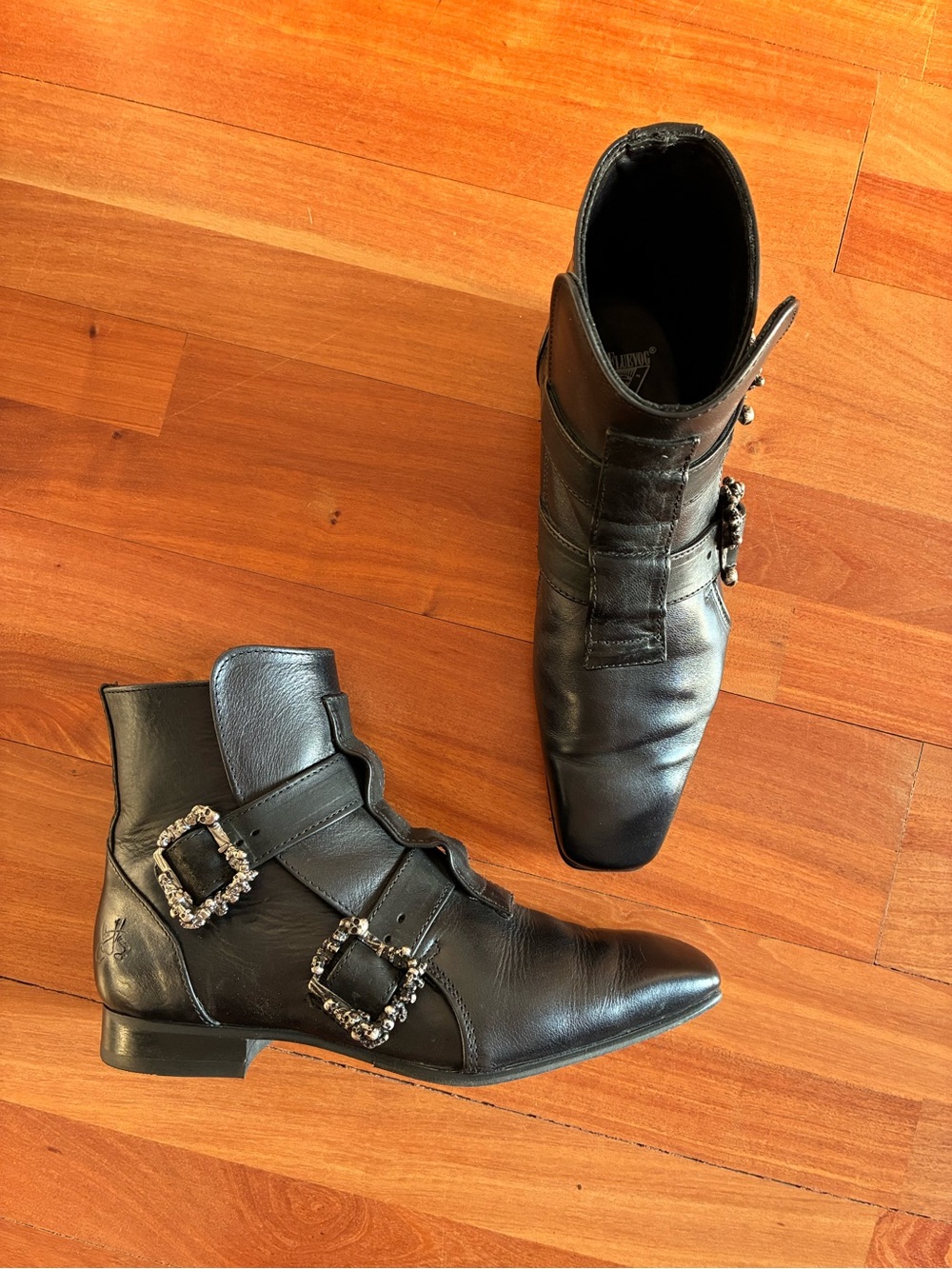 John Fluevog Black Leather Ankle Boots with Skull Buckle Straps - Picture 8 of 8